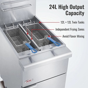 Friteuse à gaz commerciale sur pied à double cuve 12L+12L, 2 paniers, équipement de cuisine pour bar à apéritifs et restauration - Product Image 1
