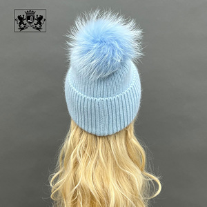 Janefur Hiver Crochet Pliable Moelleux Vraie Fourrure <span class=keywords><strong>Pompon</strong></span> Bonnet en Stock Stretch Femmes Chaud Boule De Fourrure Angora Tricoté Baggy Chapeau - Product Image 2