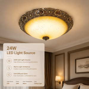 Plafonnier LED rond européen à montage encastré, 24W, blanc chaud, base en fer, abat-jour en verre, pour salon, chambre à coucher, couloir - Product Image 3