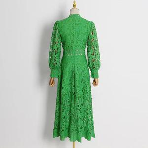 Hollow Out Solid Midi Vintage Elegant Lace Long Sleeve Empire Waist <b>Dress</b> for Women Formal - Product Image 5