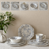 Service de vaisselle en porcelaine sous glaçure bleu et blanc à motifs floraux, style vintage français, assiettes, bols, plateaux, compatible micro-ondes, personnalisable, vente en gros