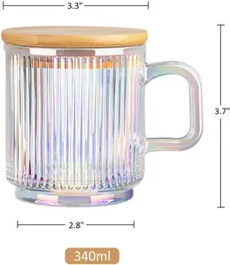 Iridescent Glass Coffee Mugs with Handles Set of 2 - 11.5 ounces Striped Coffee cups with Lid