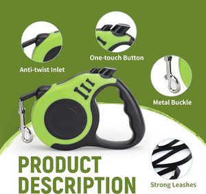 Laisse télescopique pour chien en nylon robuste et durable, rétractable automatiquement, poignée antidérapante écologique, pour promener les animaux, 3M/5M - Product Image 2
