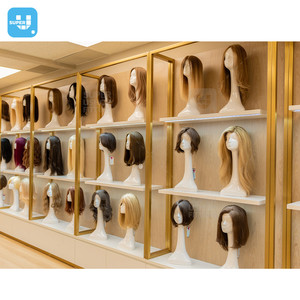 Tùy Chỉnh Bằng Gỗ Phần Mở Rộng Tóc Cửa Hàng Đồ Nội Thất Vẻ Đẹp Salon Thiết Kế Nội Thất Trang Trí Vàng Thép Không Gỉ Tóc Giả Tường Hiển Thị Kệ - Product Image 1