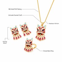 JinSpark Nouvelle Parure de Bijoux Zircon Style Chinois Danse du Lion Porte-Bonheur Plaqué Or 18K Boucles d'Oreilles Collier Bague Cadeau Festif pour Femme