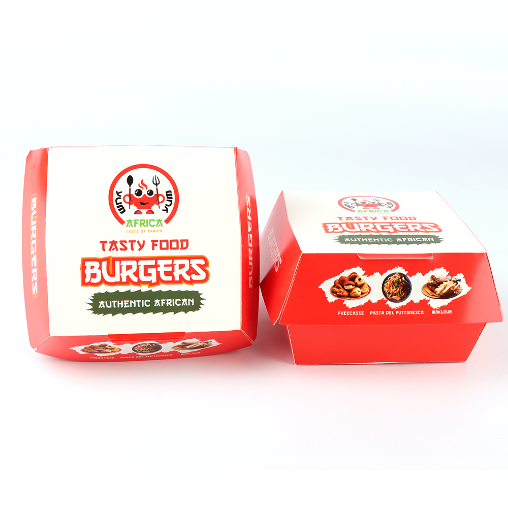 Custom Sizes Food Grade Printed Clamshell Cardboard Kraft Paper Burger Packing Box Corrugated Hamburg Box