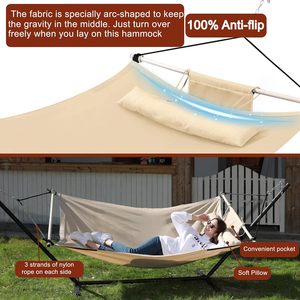12FT <span class=keywords><strong>Beige</strong></span> Anti-Flip Grand <span class=keywords><strong>Hamac</strong></span> 450LB Capacité Fer Épandeur Balançoire Pli Caractéristique Corde pour Patio Jardin Arrière-Cour Plage - Product Image 2