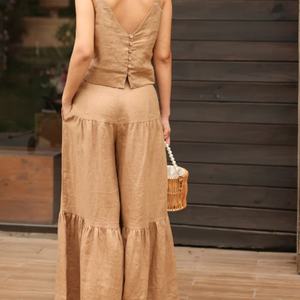 Conjunto de Lino Casual para Mujer, Top Corto sin Mangas y Pantalón de Pierna Ancha, Bordado, Algodón y Lino, Nuevo, OEM, Gran Venta - Product Image 3