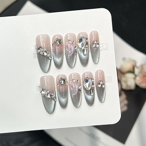 <span class=keywords><strong>Uñas</strong></span> postizas acrílicas hechas a mano al por mayor, cortas, almendradas, estilo francés, ojo <span class=keywords><strong>de</strong></span> gato, 3D, con flores tropicales, empaque personalizado - Product Image 2