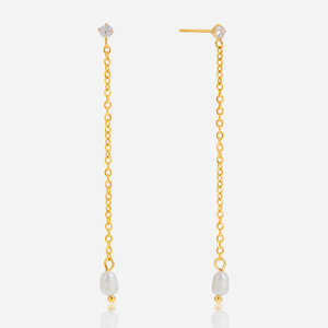 ต่างหูระย้าดีไซน์หรูหราประดับมุกน้ำจืดและเพชรซิคอน พร้อมสายโซ่ทอง เหมาะสำหรับใส่ทุกวัน - Product Image 1