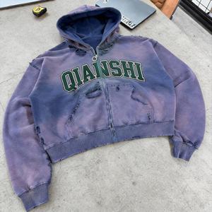 Hoodie zippé personnalisé avec broderie, en coton, coupe oversize à épaules tombantes, épais, délavé à l'acide et effet usé - Product Image 1