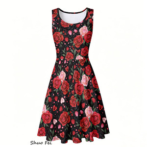 Abito da donna senza maniche con stampa digitale rosa e cuori, vestito estivo a trapezio con tasche laterali, dolce abito floreale per San Valentino - Product Image 2
