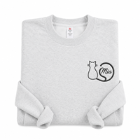 Sweat-shirt à col rond personnalisé avec silhouette de chat minimaliste brodée, design de nom avec queue circulaire, cadeau personnalisé pour les amoureux des chats