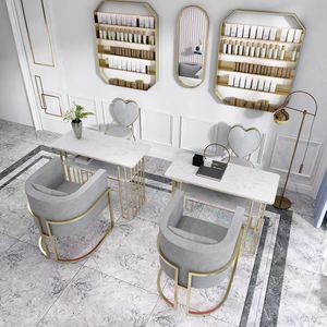 Juego de Mesa de Manicura Nórdica de Doble Capa con Estructura de Hierro Forjado Dorado, Silla de Salón Famosa en Internet, Oferta Especial Individual/Doble - Product Image 3