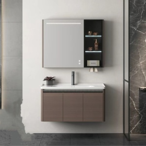 Meuble de salle de bain moderne en PVC, entièrement étanche, structure stable, avec miroir LED et lavabo en céramique - Product Image 5