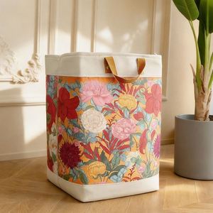 Home Clothes Laundry Hamper Fashion Floral Pattern Laundry <b>Basket</b> with PU Leather Handles - Product Image 3