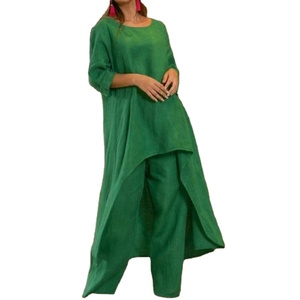 Ensemble deux pièces décontracté en coton et lin pour femme Nuo, pantalon large à manches longues et coupe irrégulière, motif uni numérique au dos - Product Image 3