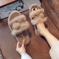 Chaussons fourrés en fausse fourrure pour femmes, pantoufles plates à bout ouvert avec boucle en métal et strass, chaussures d'intérieur et d'extérieur chaudes pour l'hiver