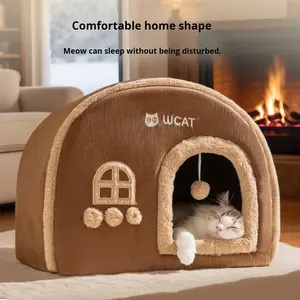 Automne hiver chaud sécurisé adulte chat nid transfrontalier Pet Villa avec niche fermée motif solide chat maison pour chats à dormir - Product Image 2