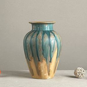 Ribbed Drip-Glaze Ceramic Vase - Artisanal <strong>Teal</strong> &amp; Amber Decorative Vessel for Home - Product Image 1