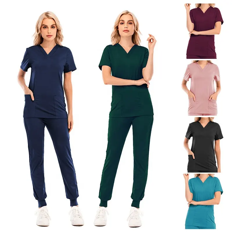 High Quality Medical Scrubs Suit Doctor Nurse Work Uniform V Neck Scrubs Uniform Set Hospital 72% Polyester 21% Rayon 7% Spandex