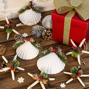 Ornements en forme de coquillages et d'étoiles de mer pour arbre de Noël, 12 pièces, artisanat fait main en coquillages et étoiles de mer naturels avec des cônes de pin naturels - Product Image 4