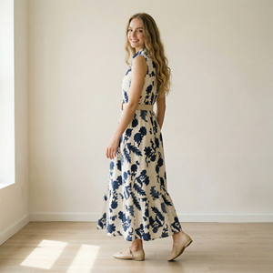 Nuovo Abito Chemisier Senza Maniche Blu Bianco Floreale Lungo <span class=keywords><strong>Maxi</strong></span> OEM ODM Personalizzato Ingrosso Casual da Donna per Serate e Feste - Product Image 4