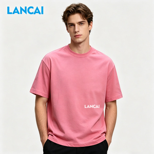 LANCAI High Quality Men's Pink Baggy Short Sleeve O-Neck Cotton Jersey T-Shirt Regular Fit Casual Letter Print Front <b>Logo</b> - Product Image 1