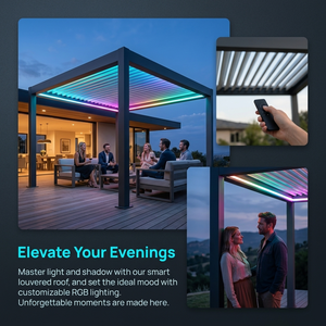 Pérgola Motorizada con Revestimiento de Madera, Pérgola Moderna de Aluminio para Exteriores con Control por Aplicación, Luz RGB y Sensor de Lluvia - Product Image 1