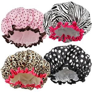 Bonnet de douche en satin pour femmes, double couche, imperméable, motif léopard, zèbre, points roses, points blancs, usage sanitaire - Product Image 1