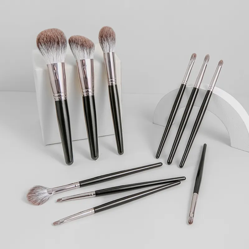 HXT-142 2024 High-End Zwart Handvat Professionele Make-Up Borstels Set Dier Natuurlijk Haar Wit Sneeuw Vos Bont 10 Pc Make-Up Borstel