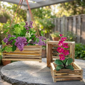 Pots en bois ORCHIDÉES NOUVEAU Ensemble de meubles en bois de teck naturel de 3 pièces, Décoration de pot en bois d'Indonésie, Pot en bois de teck - Product Image 3