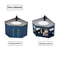 Meubles de salle de bain d'angle triangulaires en aluminium, unités de lavabo murales avec comptoir en pierre, lavabo bleu marine moderne pour petite salle de bain