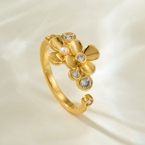 Gold Flower Open <b>Ring</b> <b>Adjustable</b> Prong Setting Crystal Pearl Inlay Stylish Luxury Jewelry Gift Index Finger <b>Ring</b> - Product Image 1