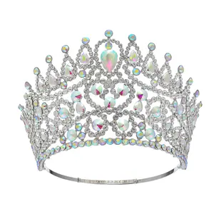 Coroa de luxo Rosa Bessie para concurso de beleza em 2024, rainha de cristal grande, strass, coroa redonda completa