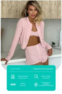 Pijamas Femininos de Verão, Cardigã de Malha de Manga Longa, Shorts, Conjunto de Três Peças, Roupas de Dormir por Atacado, OEM, Lingerie com Logo Personalizado - Product Image 6
