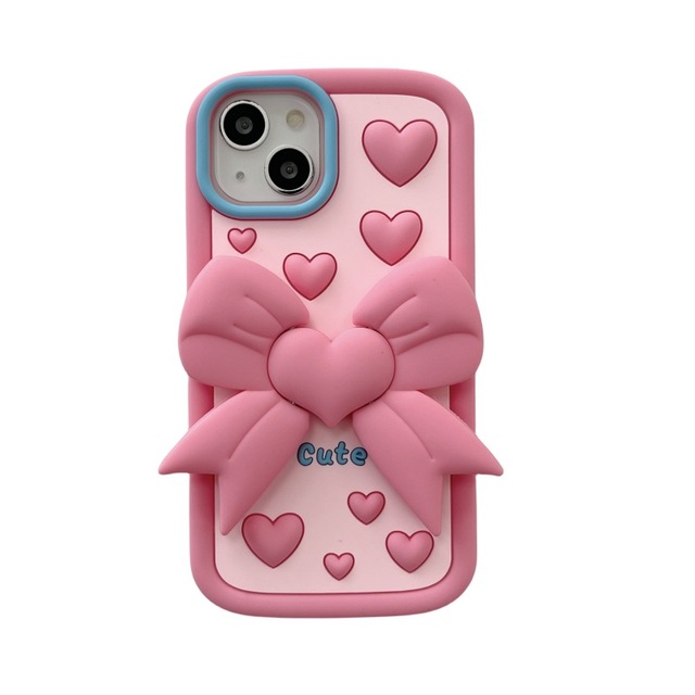 Cute Pink Heart Bow Phone Case for iPhone Phone Cover with Heart Strap Pink Bowknot for iPhone 17 16 15 14 Pro Max Cover Case