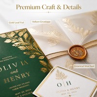 Suite d'invitations de mariage de luxe vert émeraude avec feuille botanique dorée, insert diamant, enveloppe en vélin et sceau de cire – Vente en gros