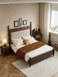 Traditional Upholstered Wooden <b>Bed</b> Frame <b>Queen</b> <b>Size</b> Mahogany Fabric Soft <b>Bed</b> with Panel Headboard - Product Image 4