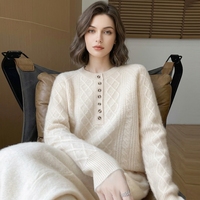 Pull en laine mérinos 100% pour femme, col rond, chaud pour l'hiver, motif losanges, tricoté, style coréen, avec boutons, pull en maille