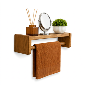 Porte-serviettes mural en bois avec étagère, design minimaliste, finition naturelle, pour salle de bain, accessoires de salle de bain en bois - Product Image 1
