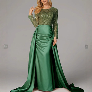 Vestido de noche elegante de manga larga con lentejuelas, cuello barco y cintura natural - Product Image 3