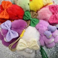 Porte-clés lapin en fourrure véritable de 15 cm avec nœud tacheté, pompons en peluche, porte-clés lapin mignon et moelleux, porte-clés lapin arc-en-ciel