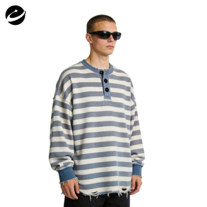 T-shirt da <span class=keywords><strong>uomo</strong></span> XUCHANG personalizzata casual oversize in cotone a nido d'ape, lavata, a righe, strappata, spessa, termica a maniche lunghe - Product Image 2