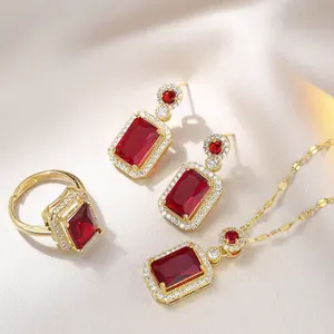 New Arrivals Copper Red Green Square Gemstone French Style Emerald Zircon Earring Ring Pendant Necklaces For Women Jewelry Set