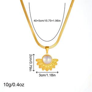 European American Fashion Retro Pearl Fan Shape Feather Pendant Stainless Steel Chain Gold Plated Necklace Gift Jewelry - Product Image 4