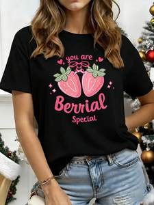 T-shirt da donna Berry Special a maniche corte, girocollo, con stampa di fragole, vestibilità comoda, top casual primaverile, lavabile in lavatrice - Product Image 3