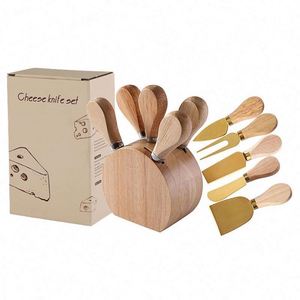 New Design 5 Pieces Gold <b>Cheese</b> <b>Knife</b> <b>Set</b> Wooden Handle <b>Cheese</b> <b>Knife</b> Fork Butter <b>Knife</b> with Wooden Holder - Product Image 1