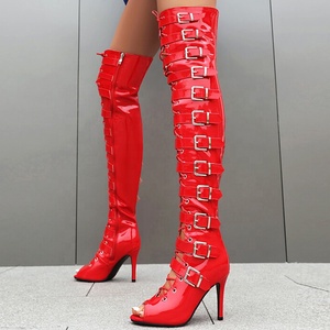 Botas Largas de Verano para Mujer, Tallas Grandes 48, con Punta Abierta, Tacones Altos, Hebillas Metálicas, Botines con Cordones por Encima de la Rodilla - Product Image 2