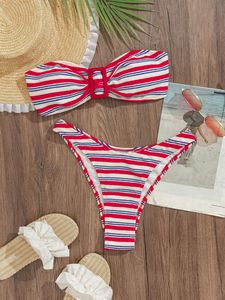 New Summer Women's Sexy Fashion Striped Contrasting Strapless Strapless <strong>Zip</strong> <strong>up</strong> Backless Split Bikini <strong>Swimsuit</strong> - Product Image 4